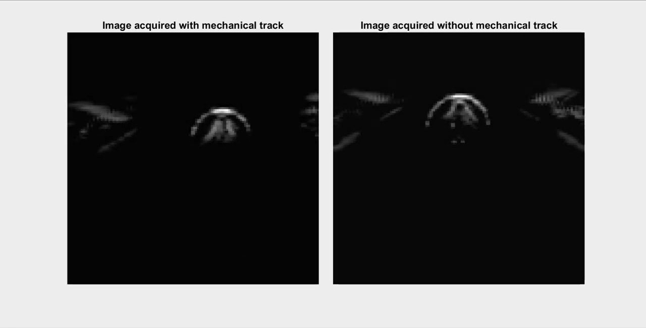 Two B-mode images of a bone phantom side by side, one labelled image acquired with mechanical track and the other image acquired without mechanical track.