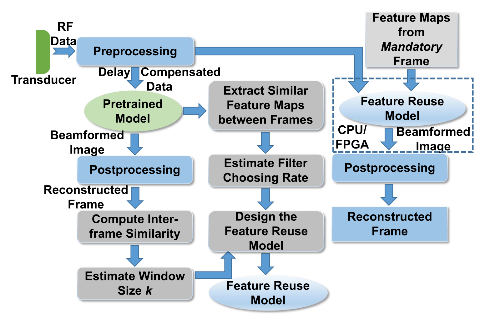 Methodology flowchart for FeatuReBeam. Radio frequency data from the transducer is preprocessed into delay compensated data and passed to a pretrained model, whose reconstructed frames are used to compute inter frame similarity, estimate window size k, extract similar feature maps between frames, estimate the filter choosing rate and design a feature reuse model. Feature maps from mandatory frames feed the feature reuse model running on CPU or FPGA, which produces the beamformed image and reconstructed frame.