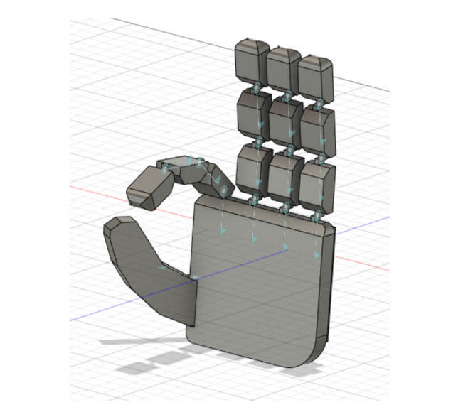 CAD model of the 14 degree of freedom robotic hand designed for the ROS simulation.