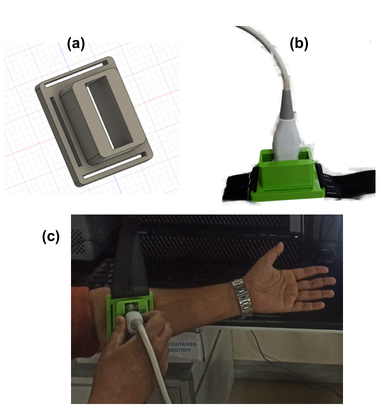 Custom probe holder: Fusion 360 model, 3D printed holder with tightening belt holding the L11-5v probe, and the holder worn on the forearm during acquisition.