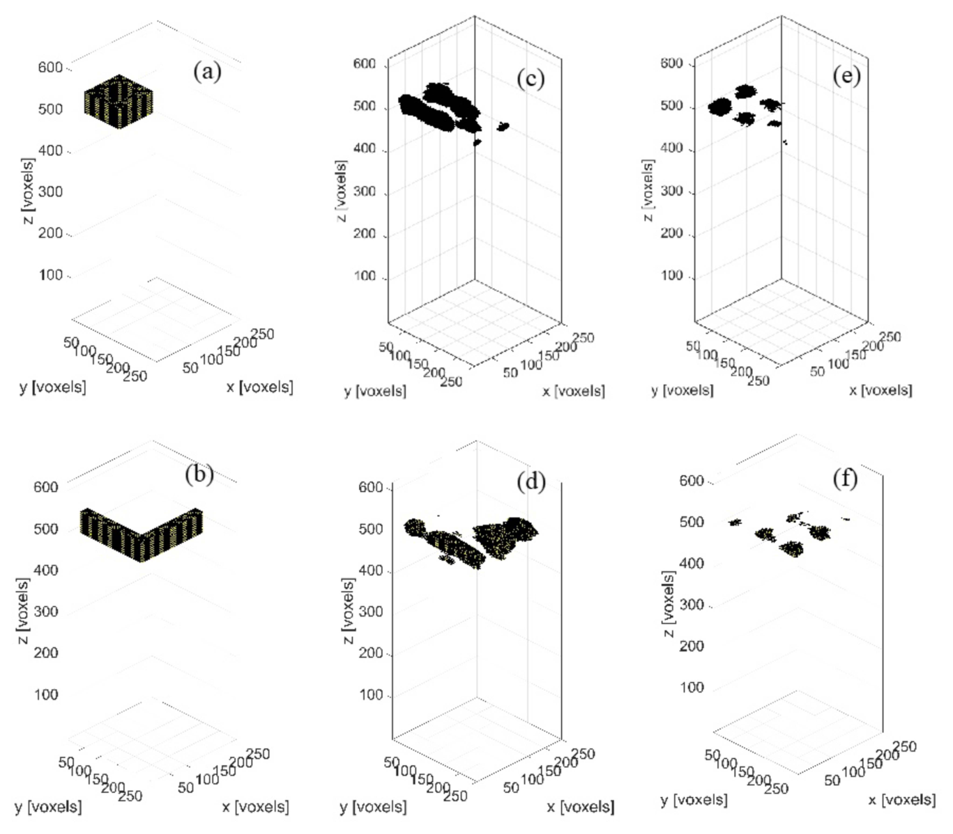 3-D voxel reconstructions of cube and V-shape targets using orthogonal linear arrays